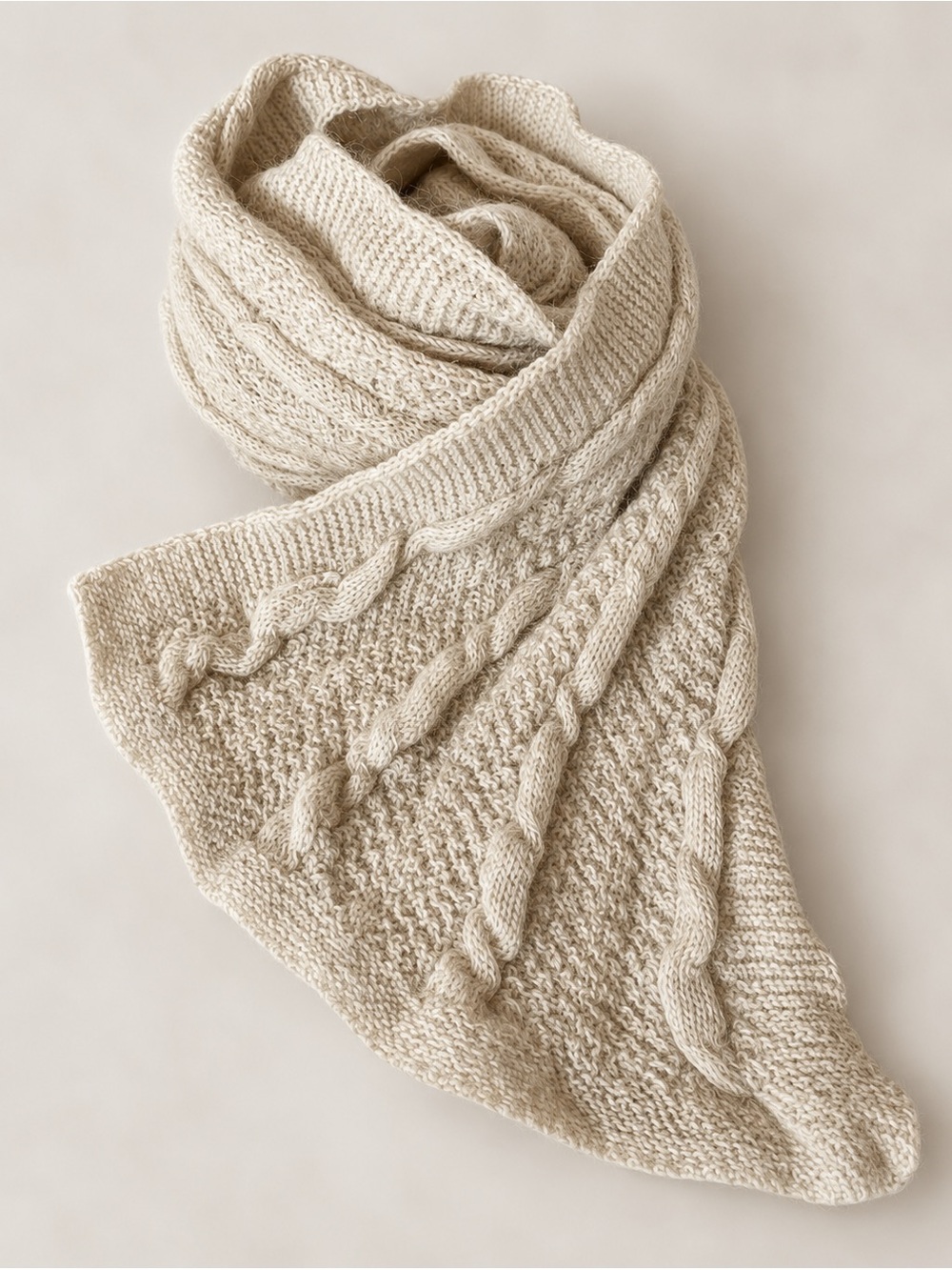 100% Alpaca Cable Knit Scarf Cream Oatmeal Neutral Made in USA